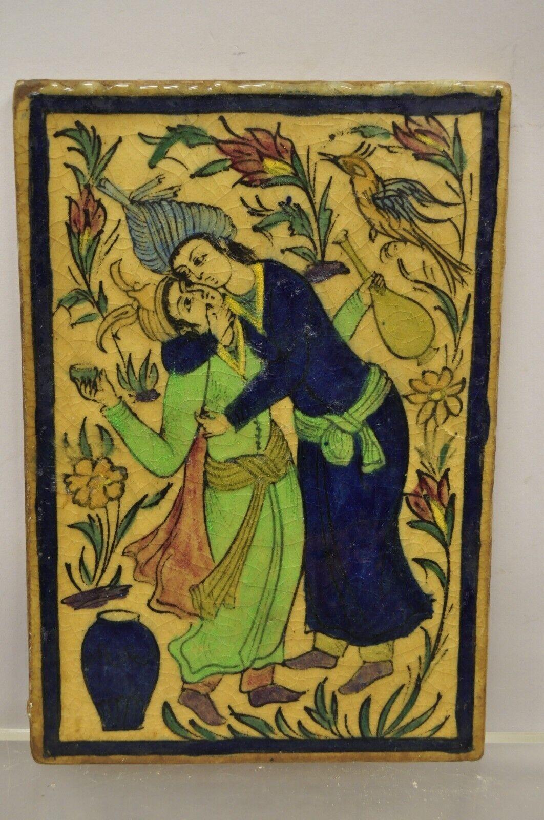 Antique Persian Iznik Qajar Style Ceramic Pottery Tile Blue Man Woman Kissing C2 For Sale 3