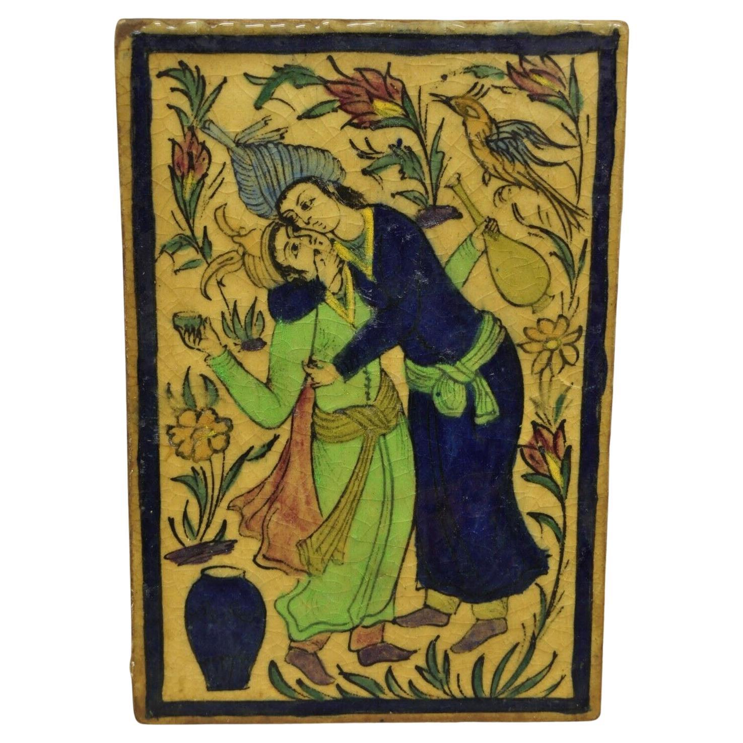 Antike persisch Iznik Qajar Stil Keramik Kachel Blauer Mann Frau Kissen C2