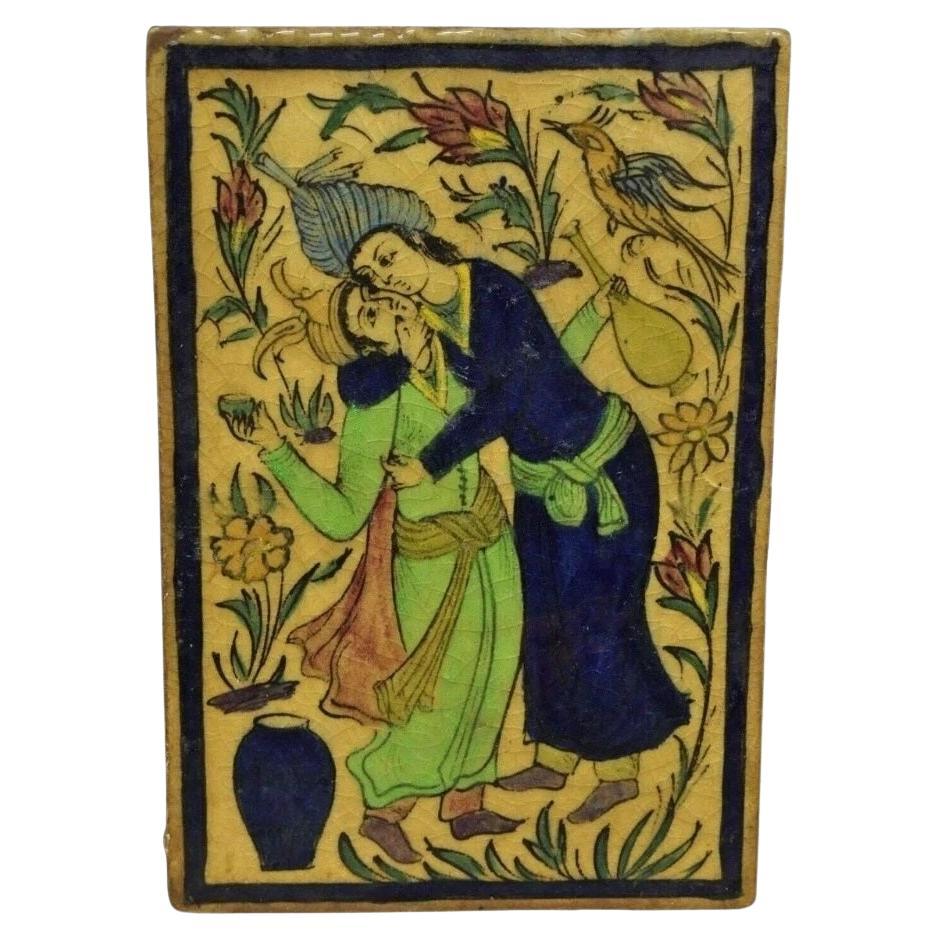 Antique Persian Iznik Qajar Style Ceramic Pottery Tile Blue Man Woman Kissing C2 For Sale
