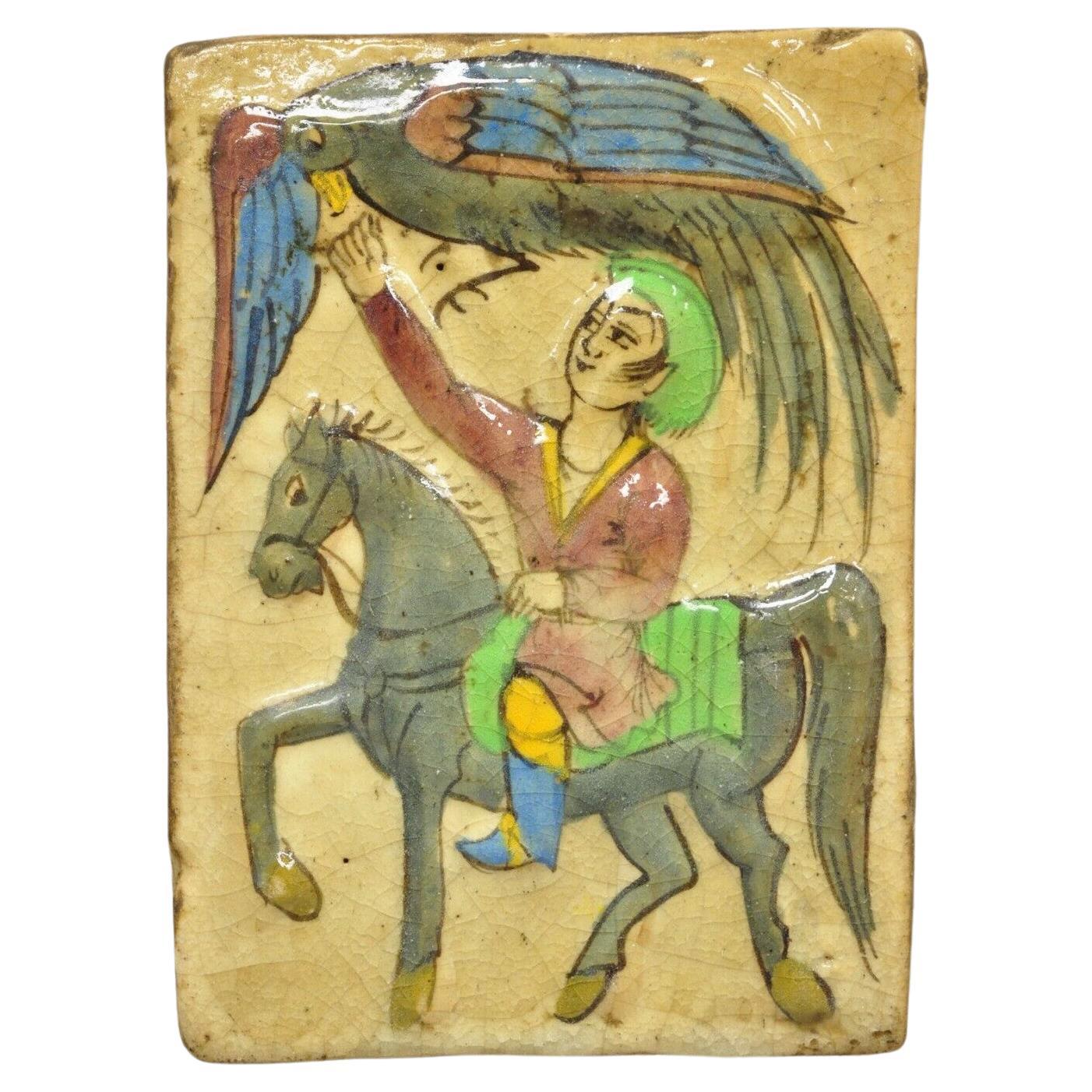 Antique poterie persane Iznik de style Qajar en céramique avec carreaux et oiseau phénix bleu C4 D