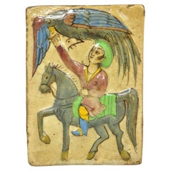 Antique poterie persane Iznik de style Qajar en céramique avec carreaux et oiseau phénix bleu C4 D