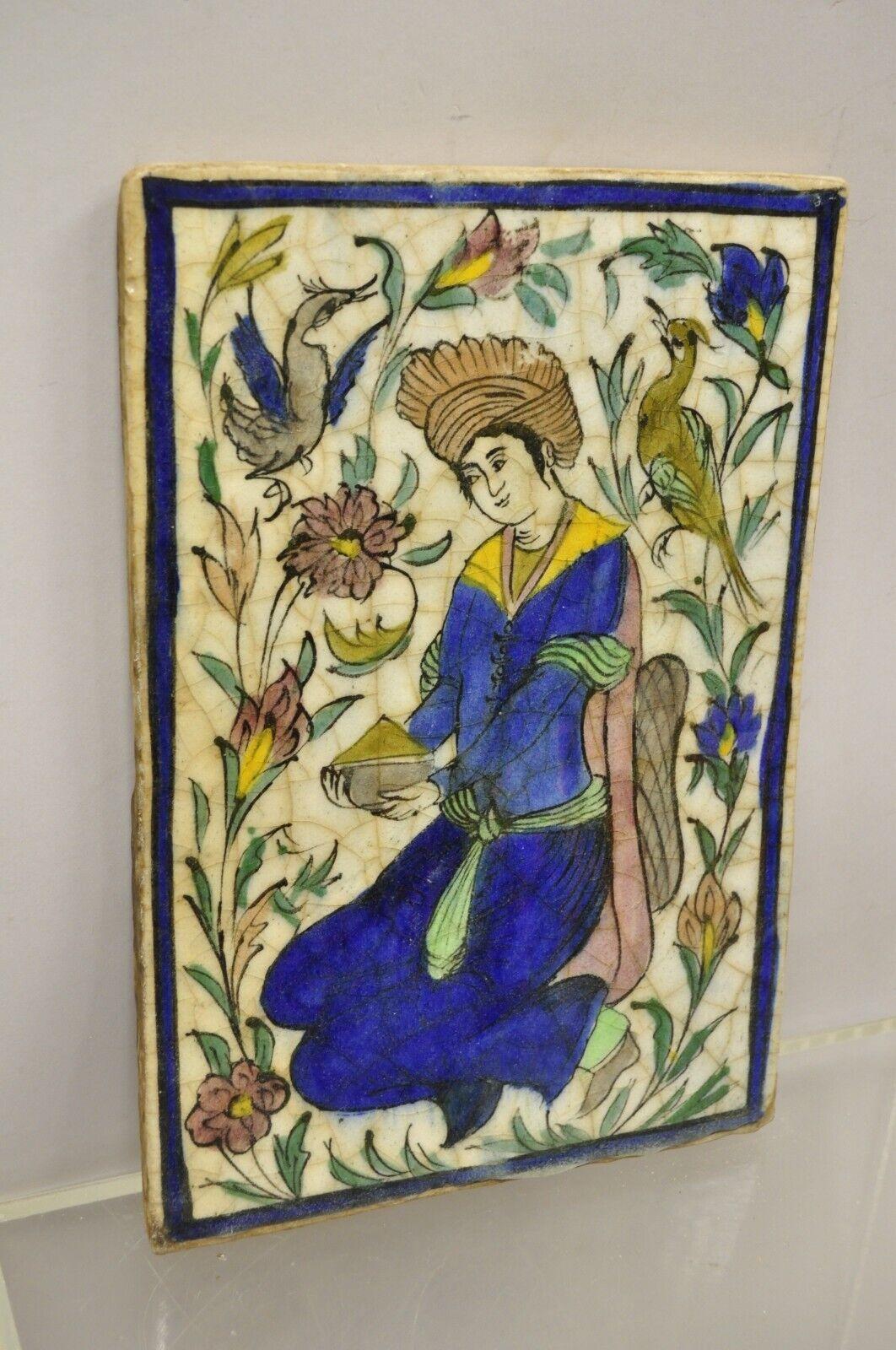 Antique Persian Iznik Qajar Style Ceramic Pottery Tile Figure with Blue Garb C2 For Sale 6