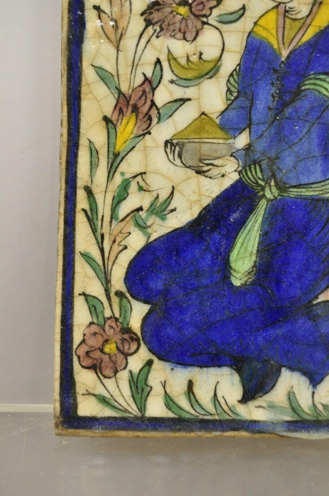 Antique Persian Iznik Qajar Style Ceramic Pottery Tile Figure with Blue Garb C2 For Sale 1