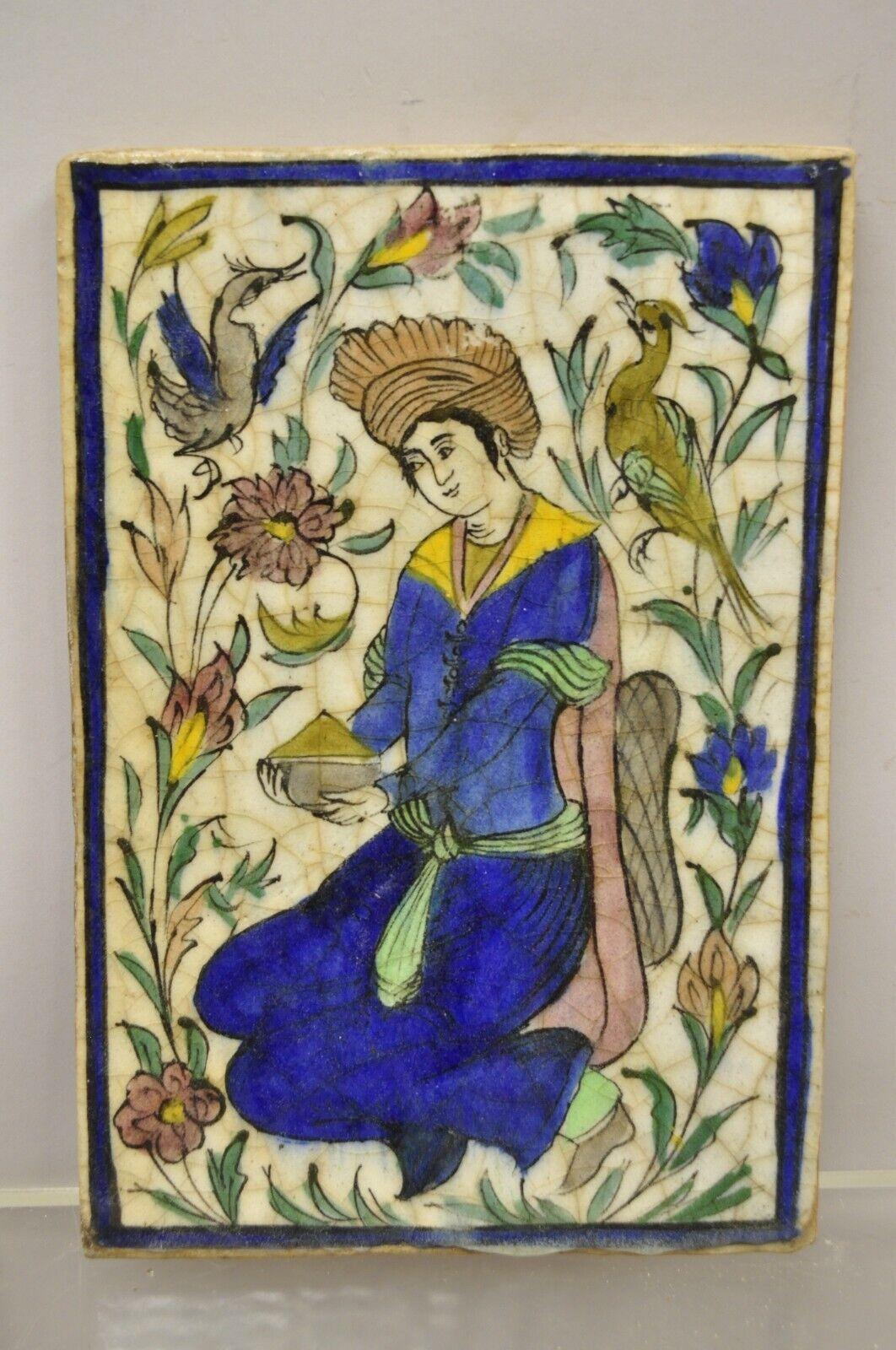 Antique Persian Iznik Qajar Style Ceramic Pottery Tile Figure with Blue Garb C2 For Sale 4