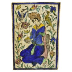 Antique Persian Iznik Qajar Style Ceramic Pottery Tile Figure with Blue Garb C2