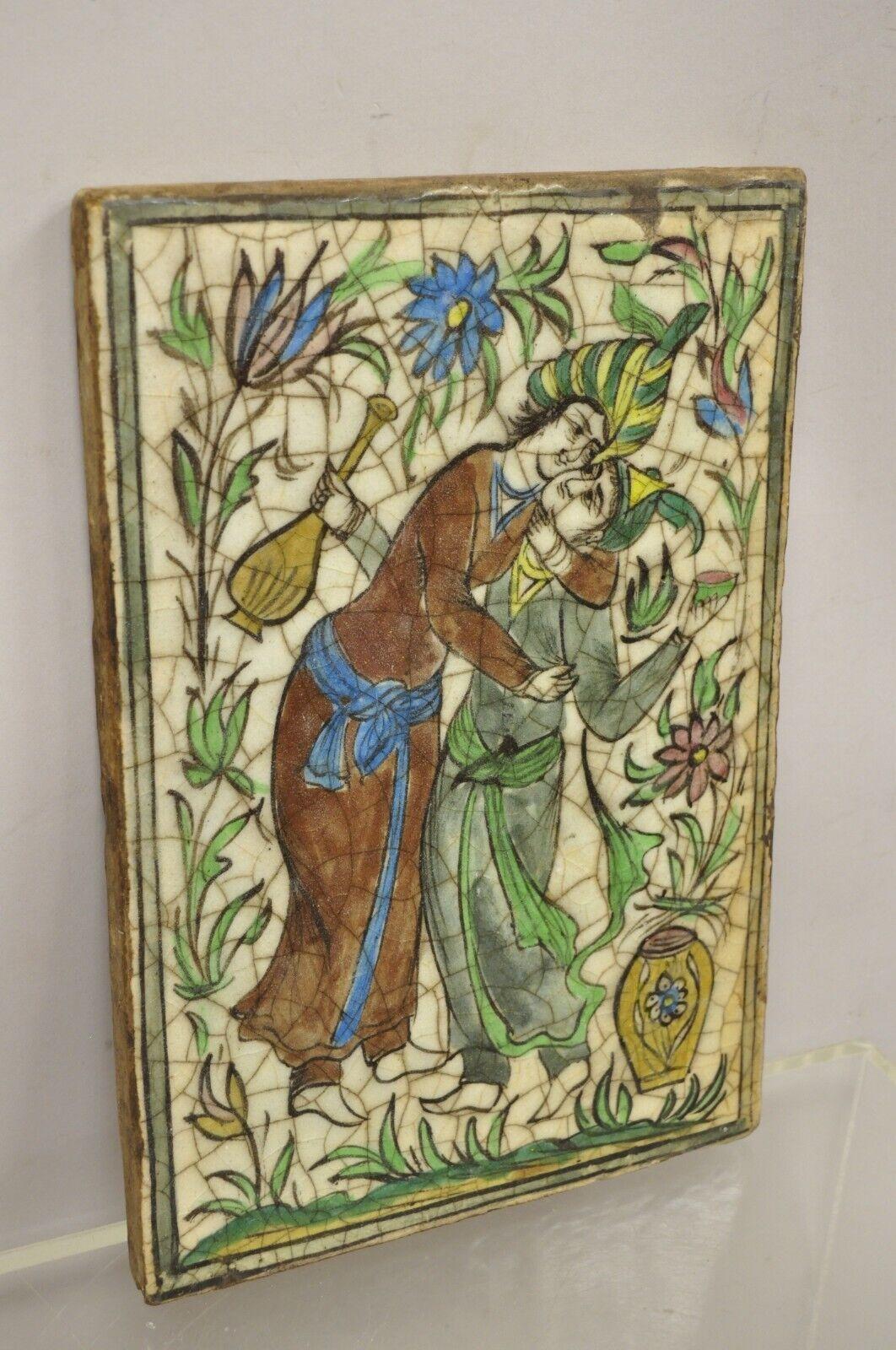 Antique Persian Iznik Qajar Style Ceramic Pottery Tile Green Couple Embrace C1 For Sale 6