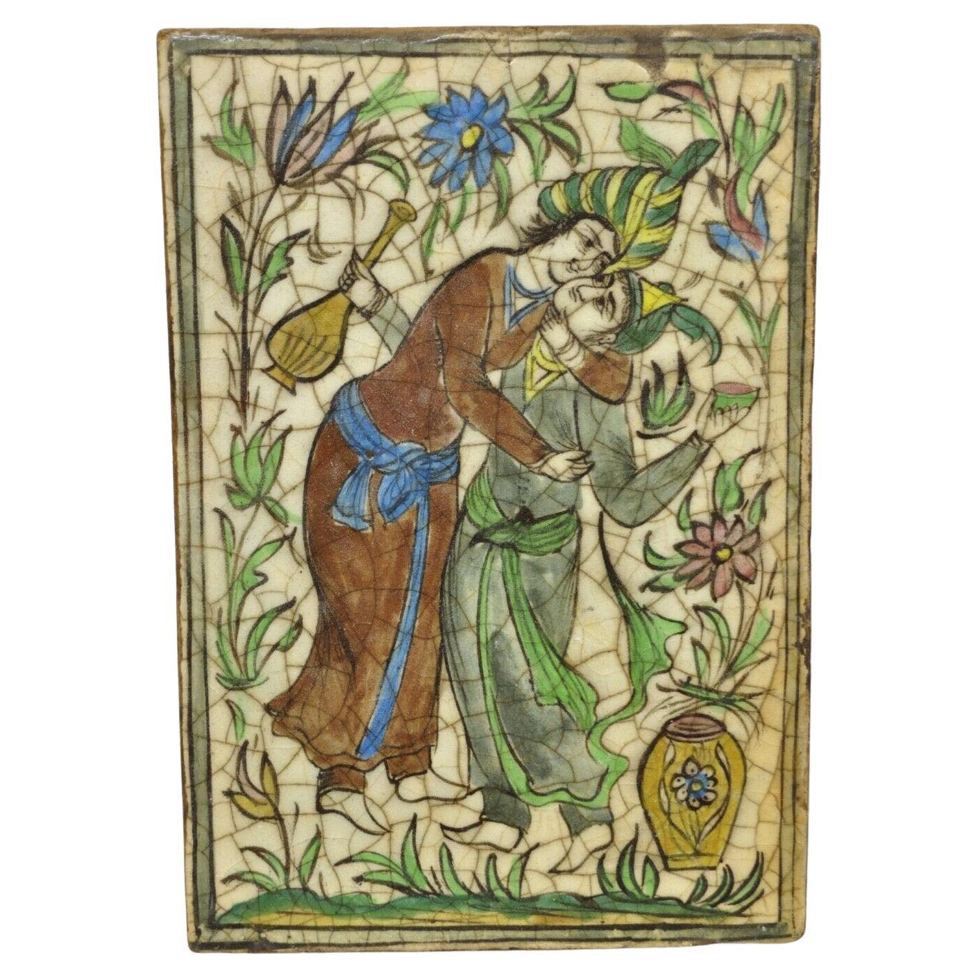 Antique Persian Iznik Qajar Style Ceramic Pottery Tile Green Couple Embrace C1 For Sale