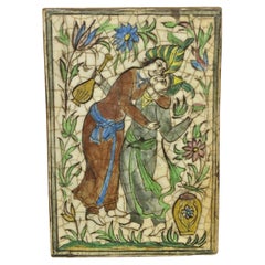 Antique Persian Iznik Qajar Style Ceramic Pottery Tile Green Couple Embrace C1