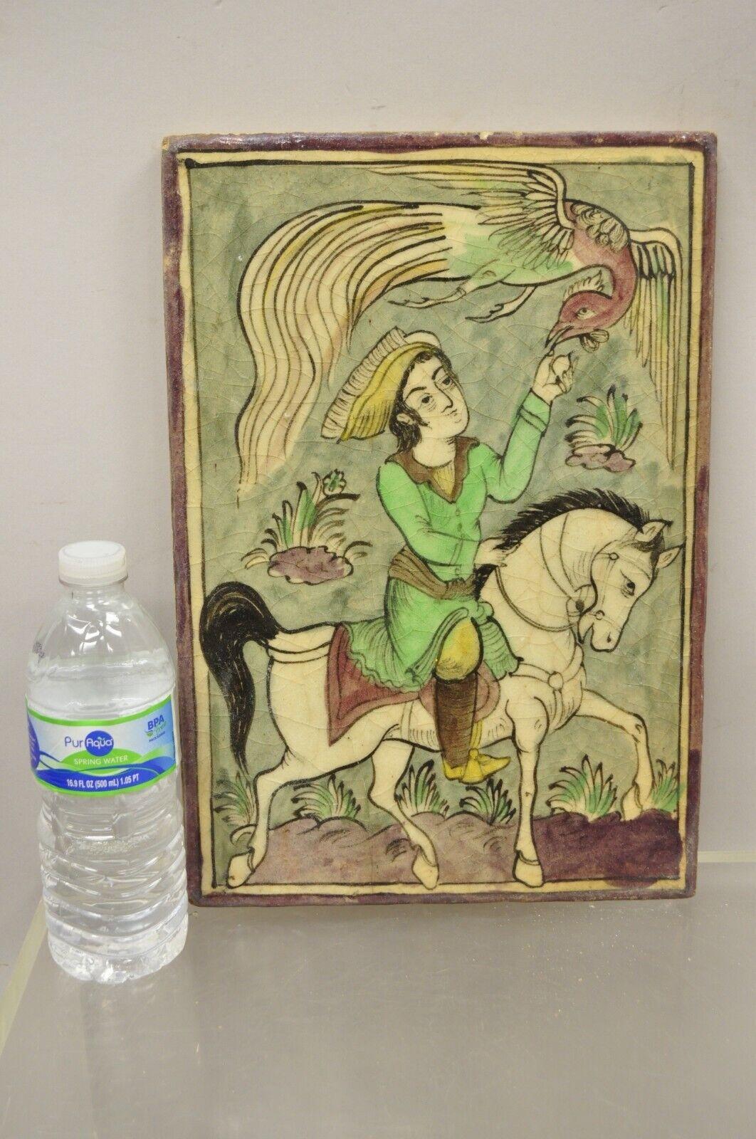 Antique Persian Iznik Qajar Style Ceramic Pottery Tile Green Horse Rider and Phoenix Bird C2. Original crackle glazed finish, heavy ceramic pottery construction, very impressive detail, wonderful style and form. Great to mount as wall art or accent