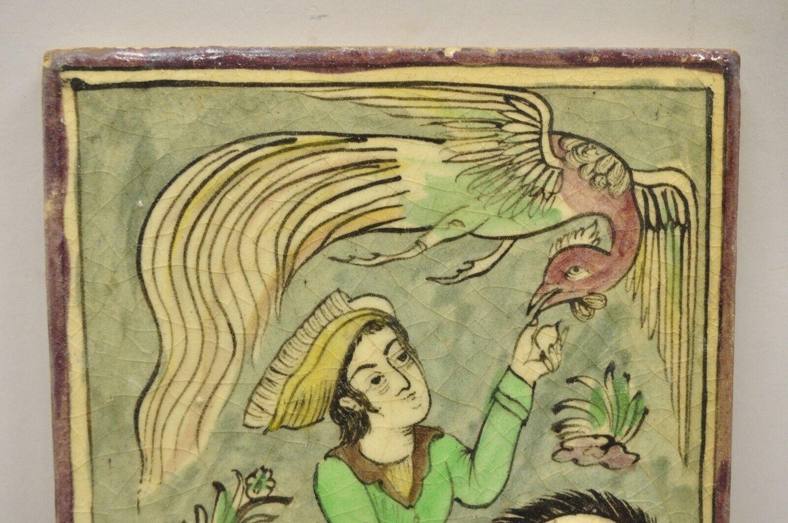 Ancienne poterie persane Iznik de style Qajar en céramique, carreaux verts, cheval cabré et oiseau C2 Bon état - En vente à Philadelphia, PA