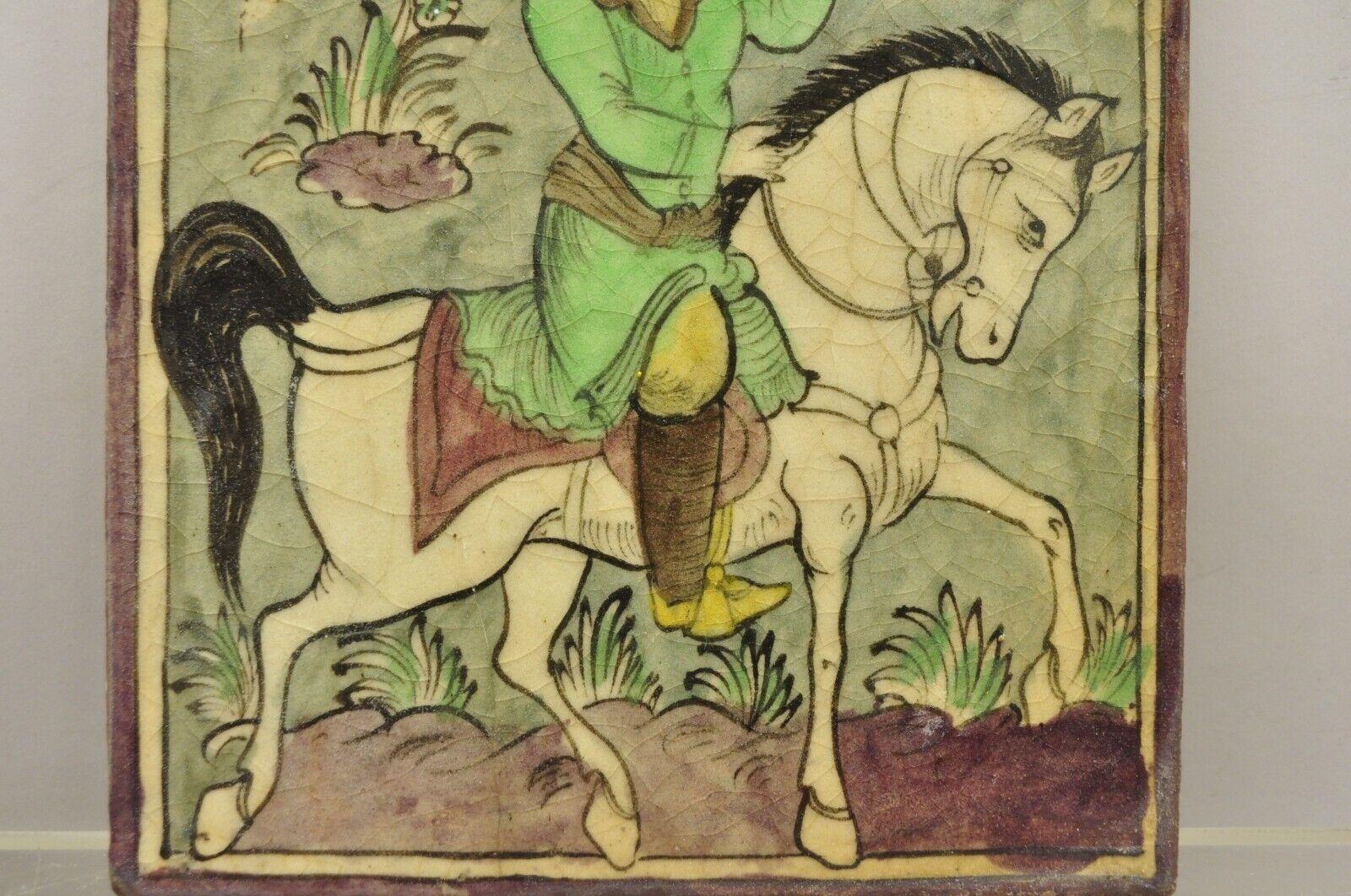 20th Century Antique Persian Iznik Qajar Style Ceramic Pottery Tile Green Horse Rider Bird C2 For Sale