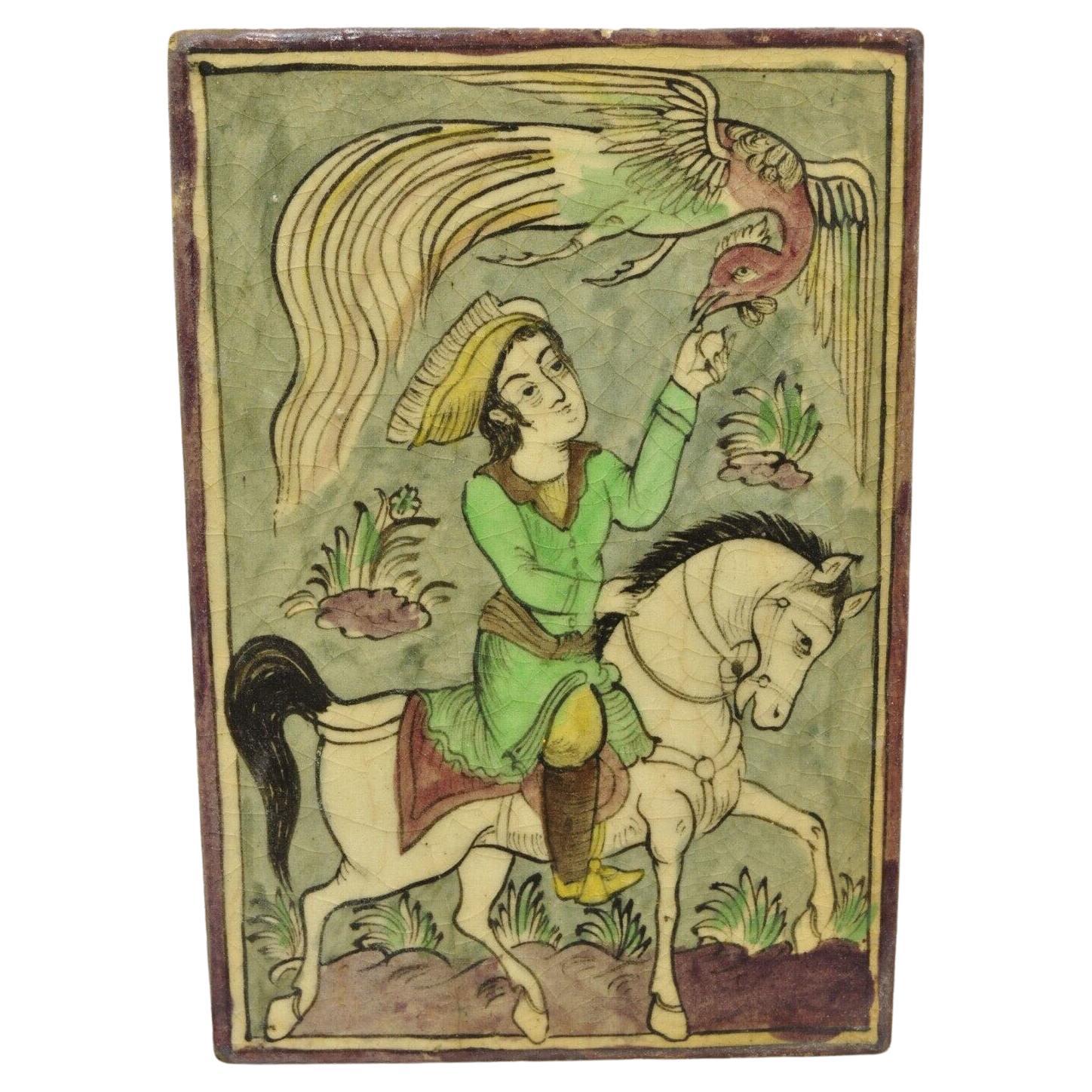 Ancienne poterie persane Iznik de style Qajar en céramique, carreaux verts, cheval cabré et oiseau C2