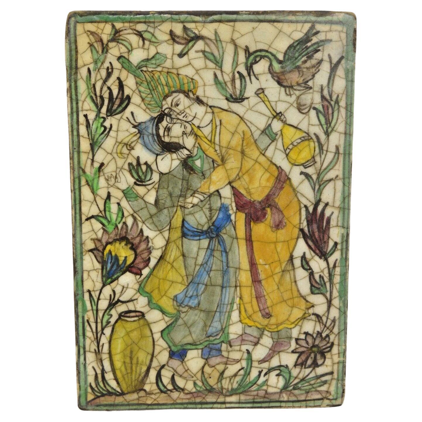 Antique Persian Iznik Qajar Style Ceramic Pottery Tile Green Man Lady Embrace C2 For Sale