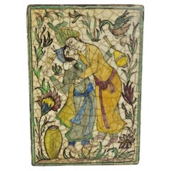 Ancienne poterie persane Iznik Qajar de style céramique Tile Green Man Lady Embrace C2