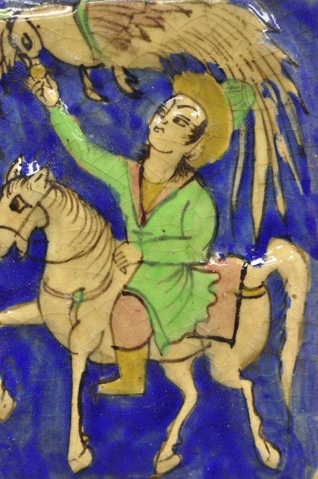 Unknown Antique Persian Iznik Qajar Style Ceramic Pottery Tile Green Rider Phoenix C4