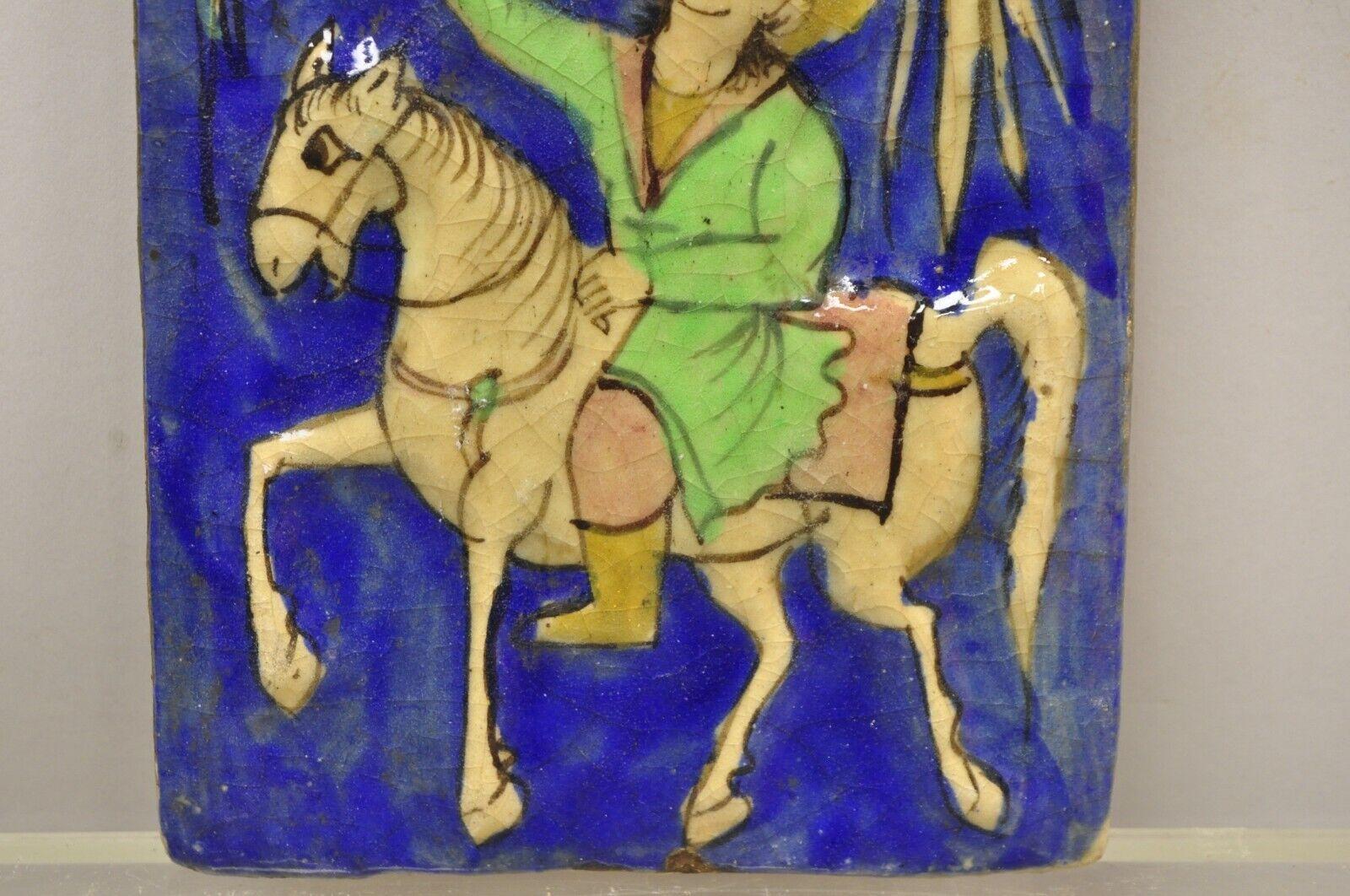 Antique Persian Iznik Qajar Style Ceramic Pottery Tile Green Rider Phoenix C4 In Good Condition In Philadelphia, PA