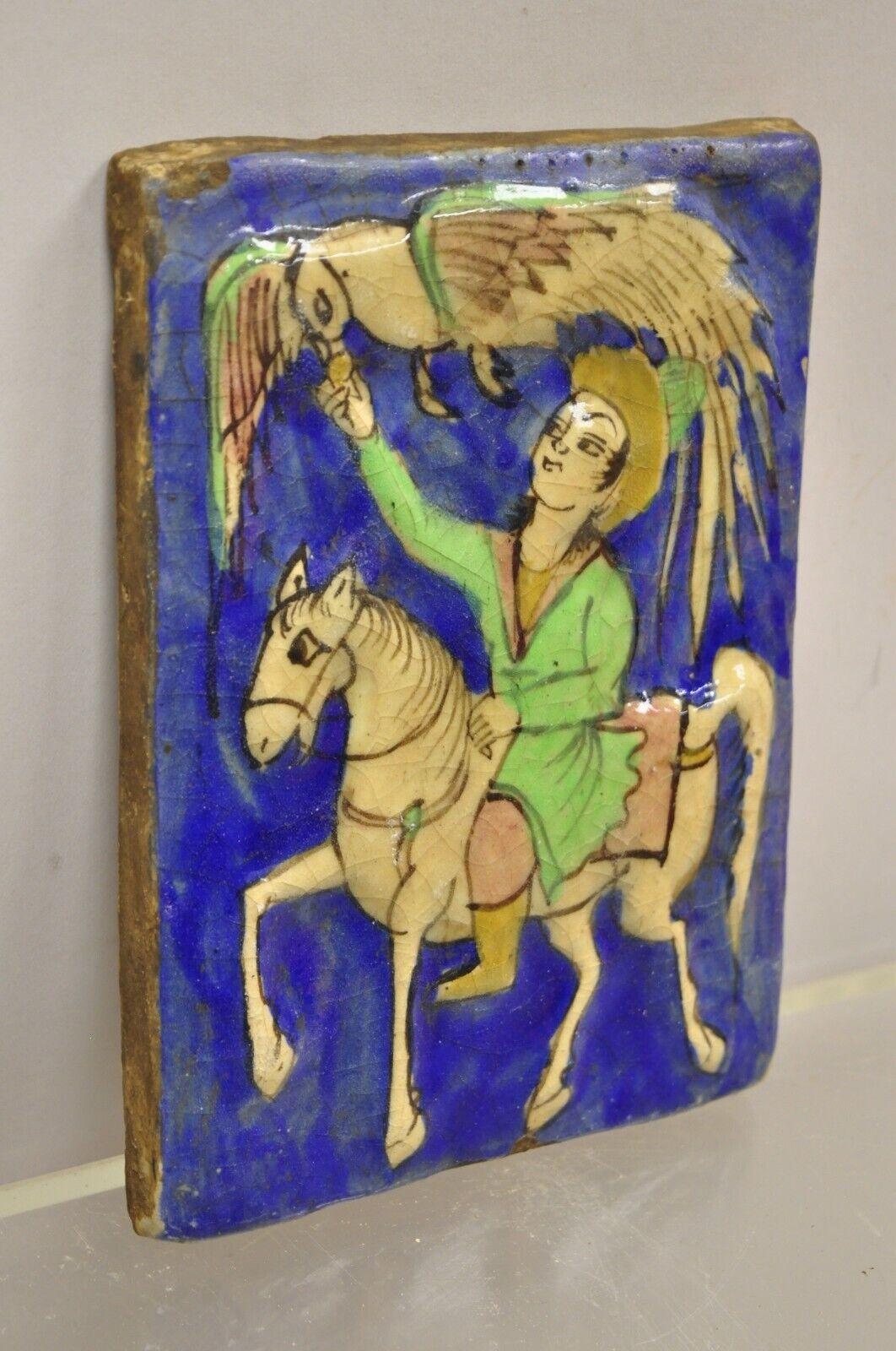 20th Century Antique Persian Iznik Qajar Style Ceramic Pottery Tile Green Rider Phoenix C4