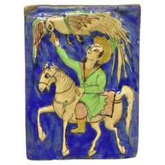 Antique Persan Iznik Qajar Style Ceramic Pottery Tile Green Rider Phoenix C4