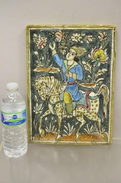 Antique Persian Iznik Qajar Style Ceramic Pottery Tile Green Spotted Horse C2