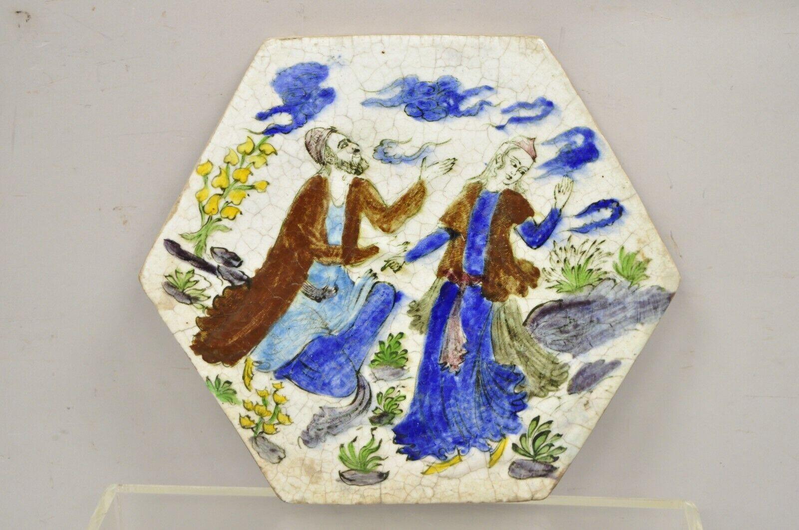 Antique Persian Iznik Qajar Style Ceramic Pottery Tile Hexagonal Blue Couple C5 For Sale 6
