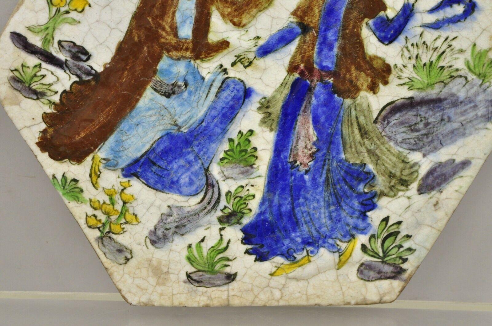 Early 20th Century Antique Persian Iznik Qajar Style Ceramic Pottery Tile Hexagonal Blue Couple C5 For Sale