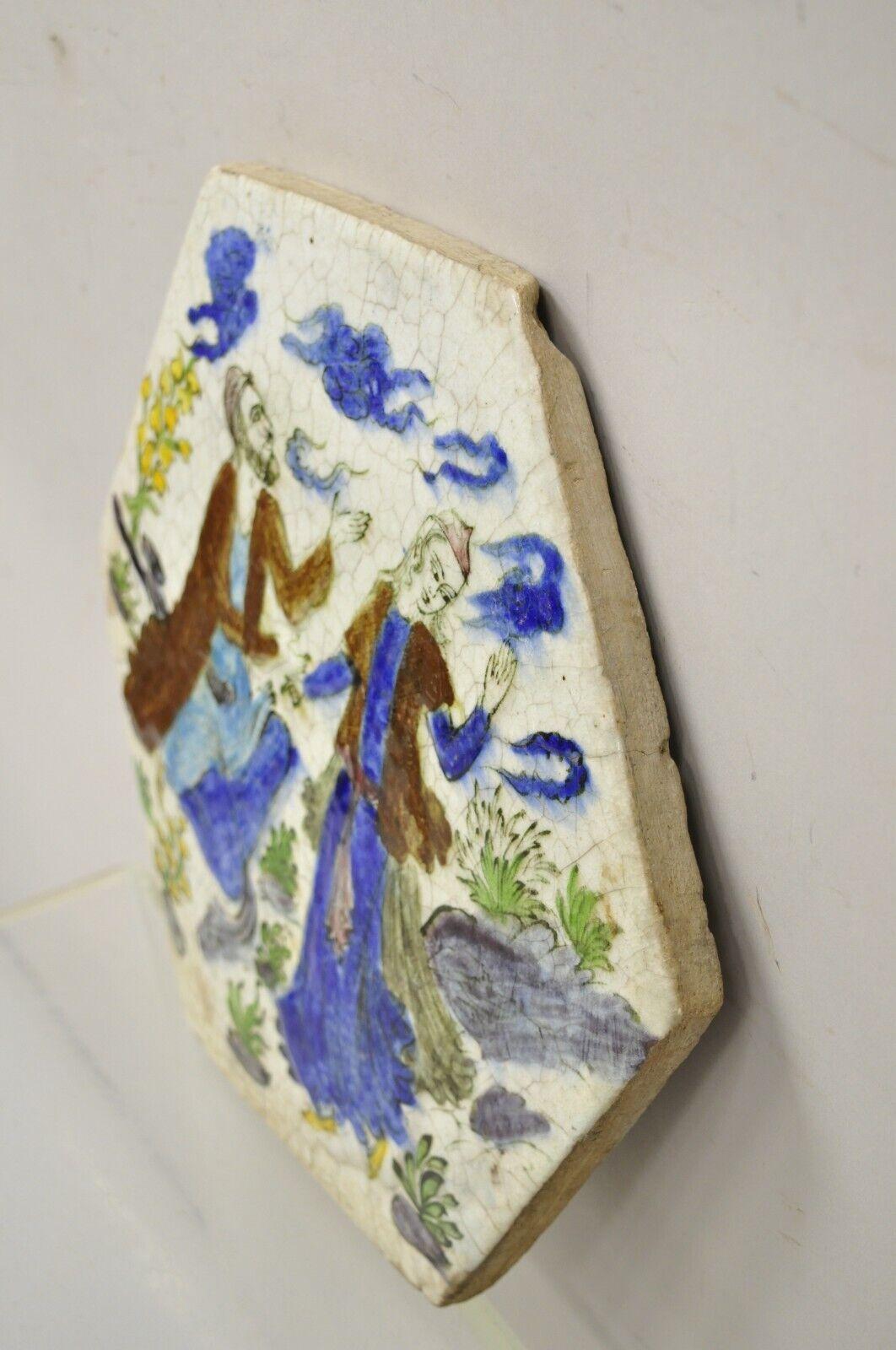 Antique Persian Iznik Qajar Style Ceramic Pottery Tile Hexagonal Blue Couple C5 For Sale 2
