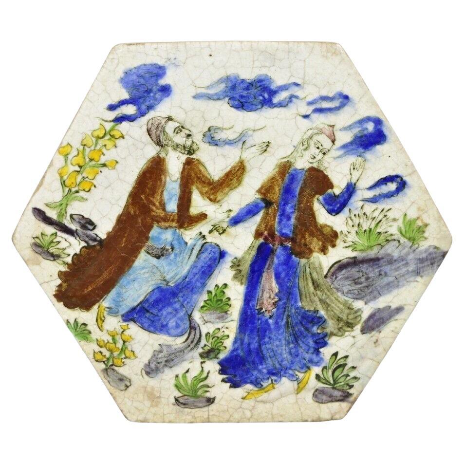 Antique Persian Iznik Qajar Style Ceramic Pottery Tile Hexagonal Blue Couple C5 For Sale