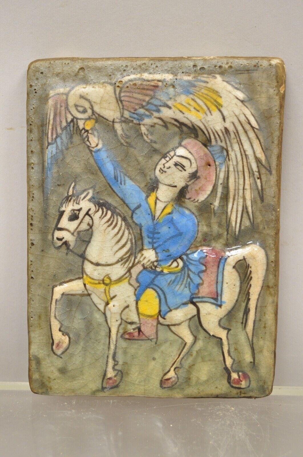 Antique Persian Iznik Qajar Style Ceramic Pottery Tile Horse Rider and Bird C4 For Sale 5