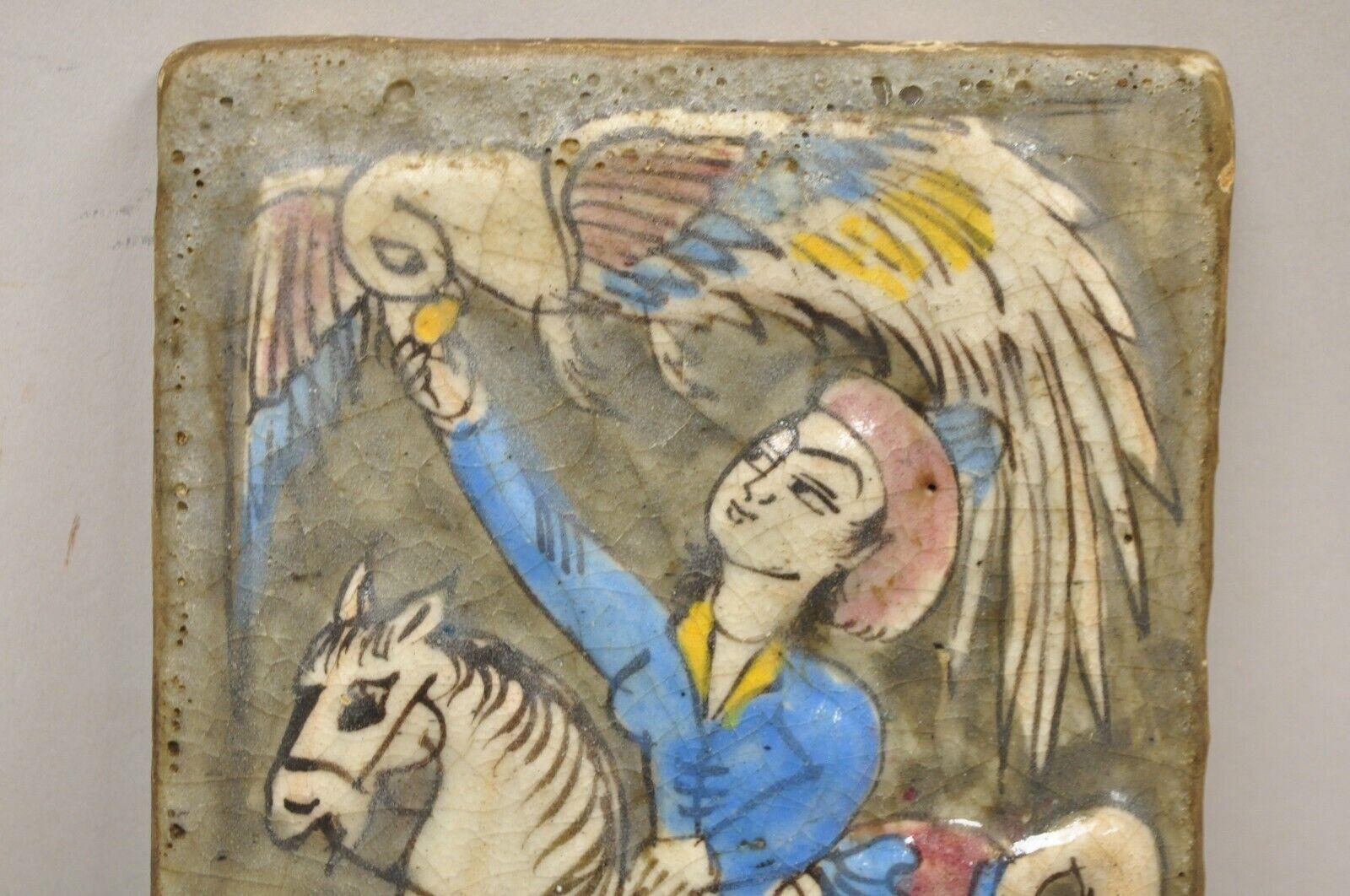 Islamic Antique Persian Iznik Qajar Style Ceramic Pottery Tile Horse Rider and Bird C4 For Sale