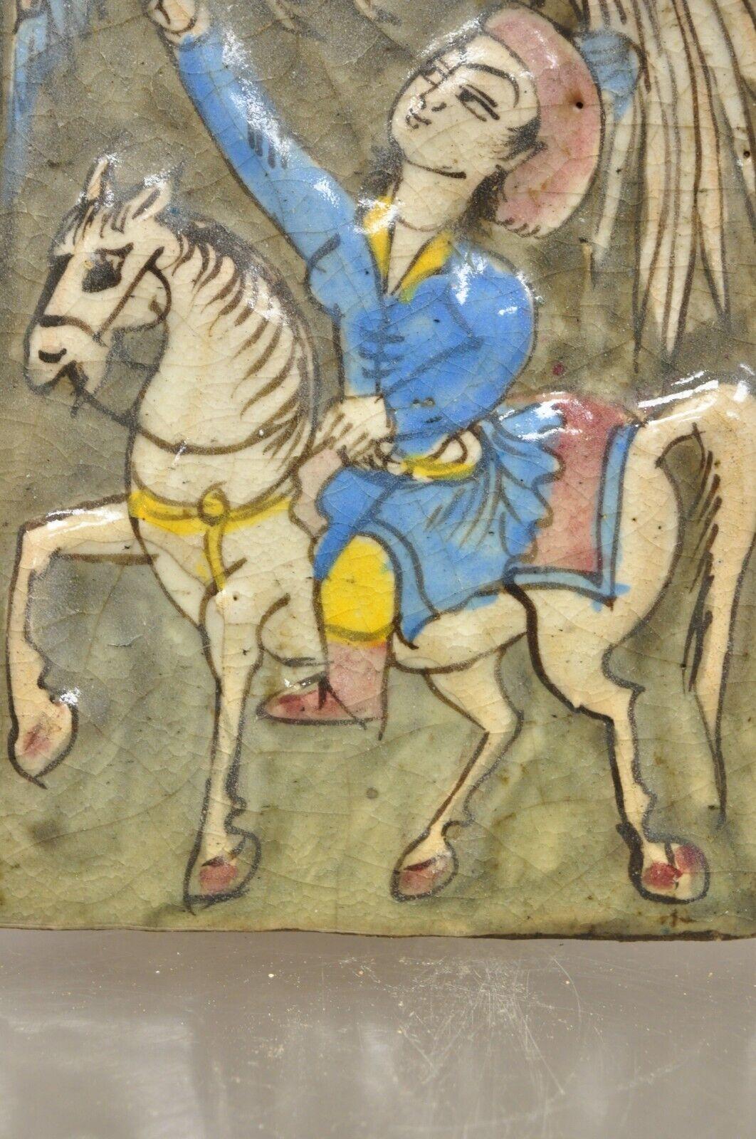 Antique Persian Iznik Qajar Style Ceramic Pottery Tile Horse Rider and Bird C4 In Good Condition For Sale In Philadelphia, PA