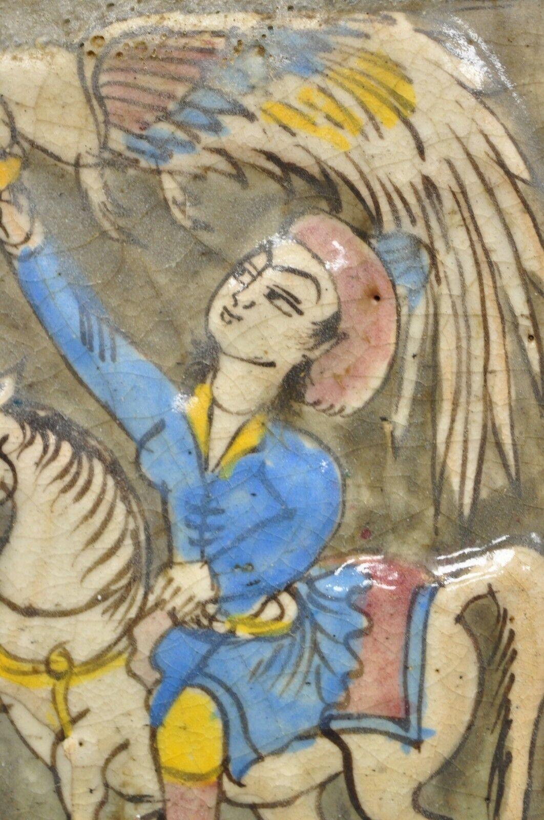20th Century Antique Persian Iznik Qajar Style Ceramic Pottery Tile Horse Rider and Bird C4 For Sale