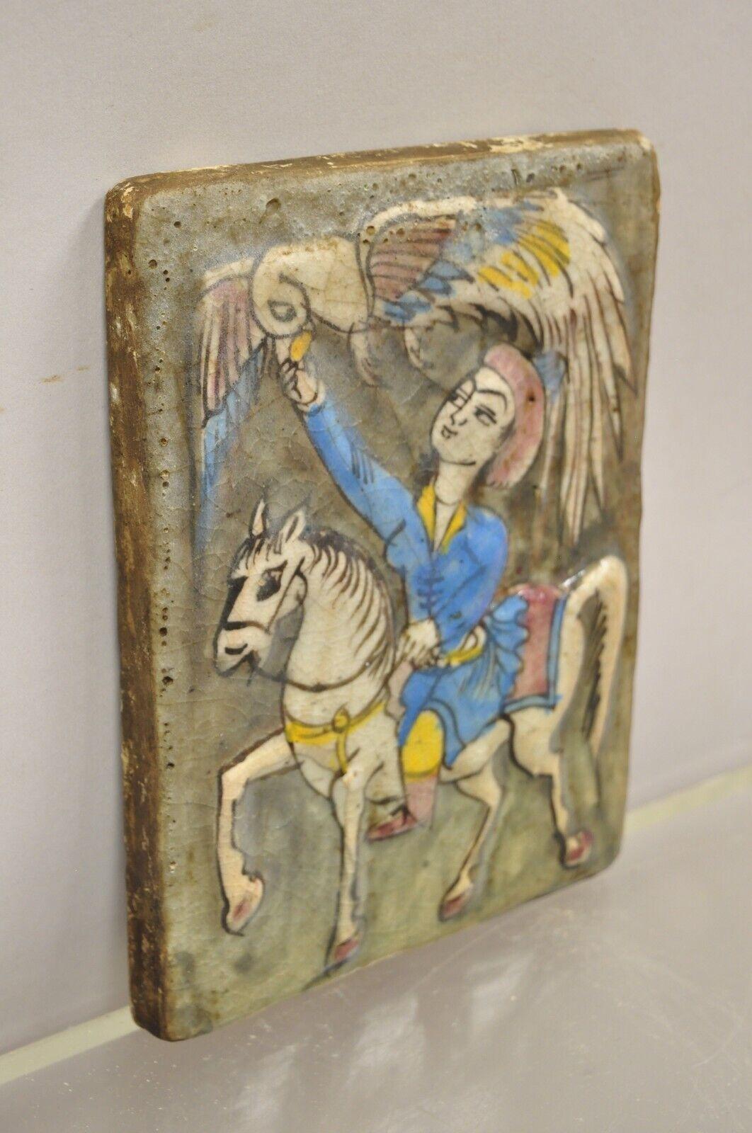 Antique Persian Iznik Qajar Style Ceramic Pottery Tile Horse Rider and Bird C4 For Sale 1