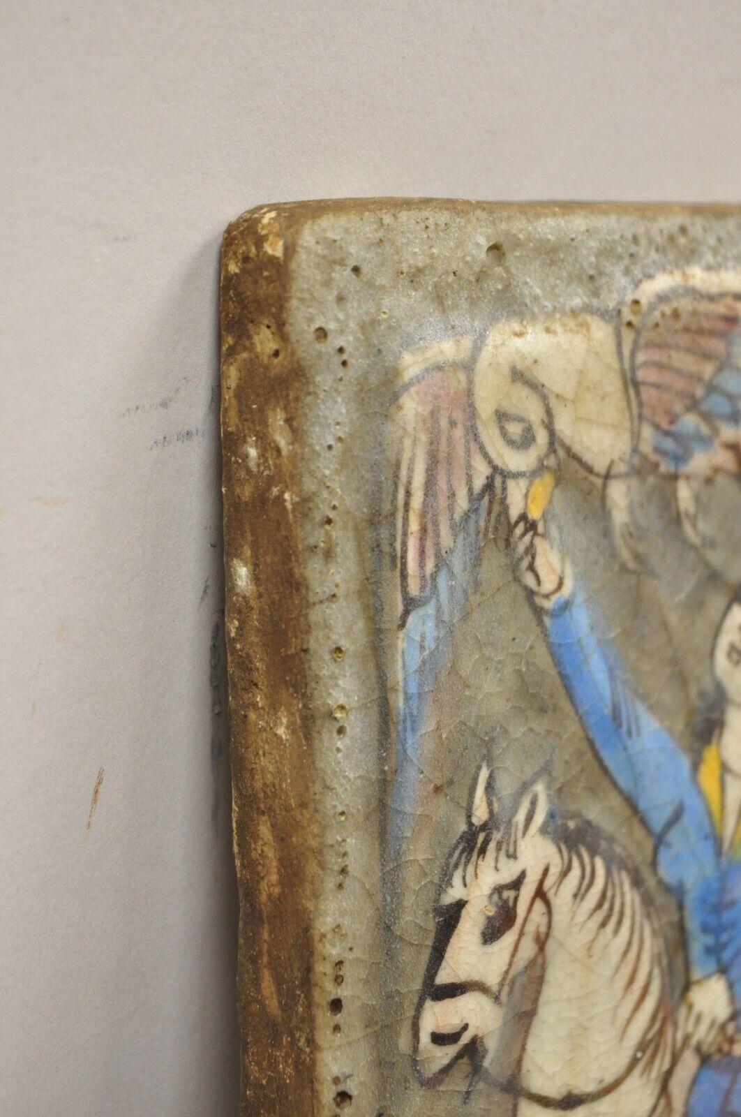 Antike persische Iznik Qajar-Keramik-Keramik-Kacheln, Pferd, Reiter und Vogel, C4 im Angebot 1