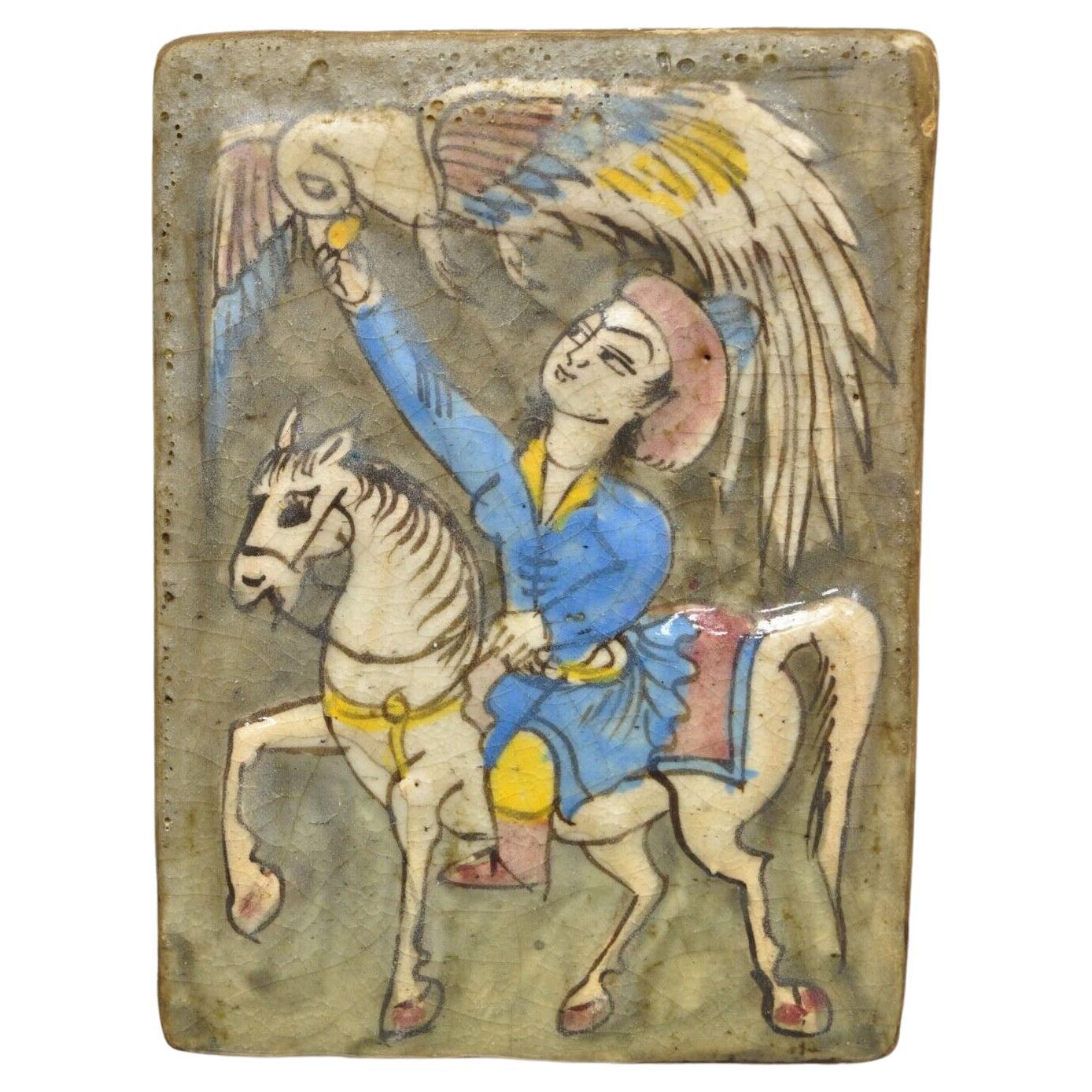 Antique Persian Iznik Qajar Style Ceramic Pottery Tile Horse Rider and Bird C4 For Sale