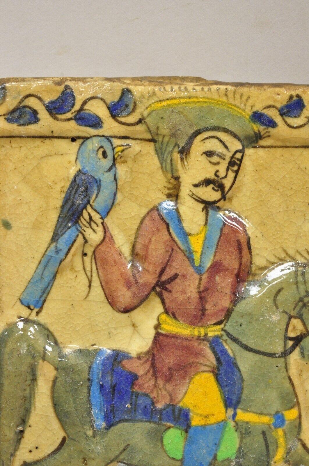 Antique Persian Iznik Qajar Style Ceramic Pottery Tile Horse Rider Blue Bird C5 In Good Condition For Sale In Philadelphia, PA