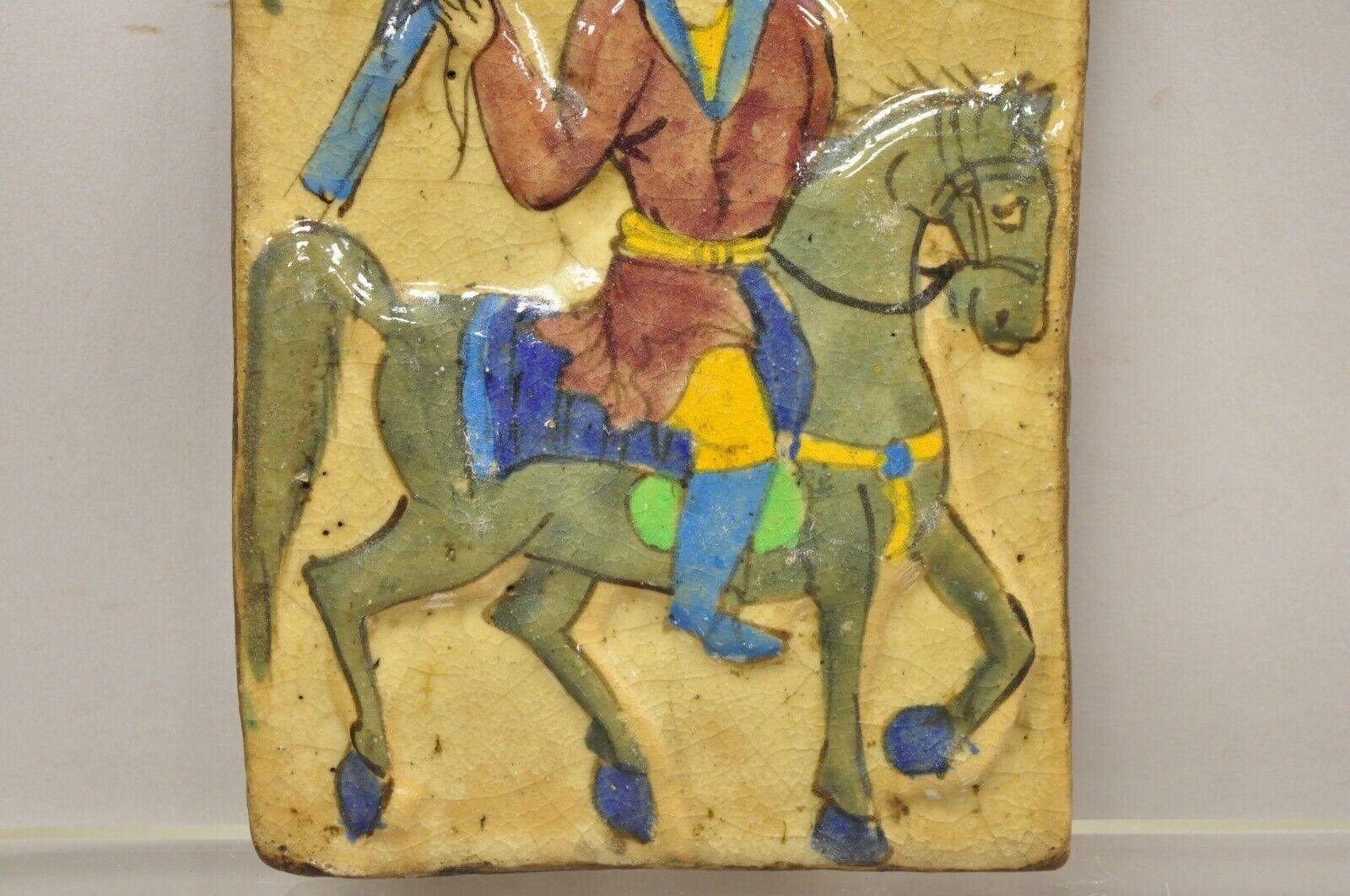 20th Century Antique Persian Iznik Qajar Style Ceramic Pottery Tile Horse Rider Blue Bird C5 For Sale