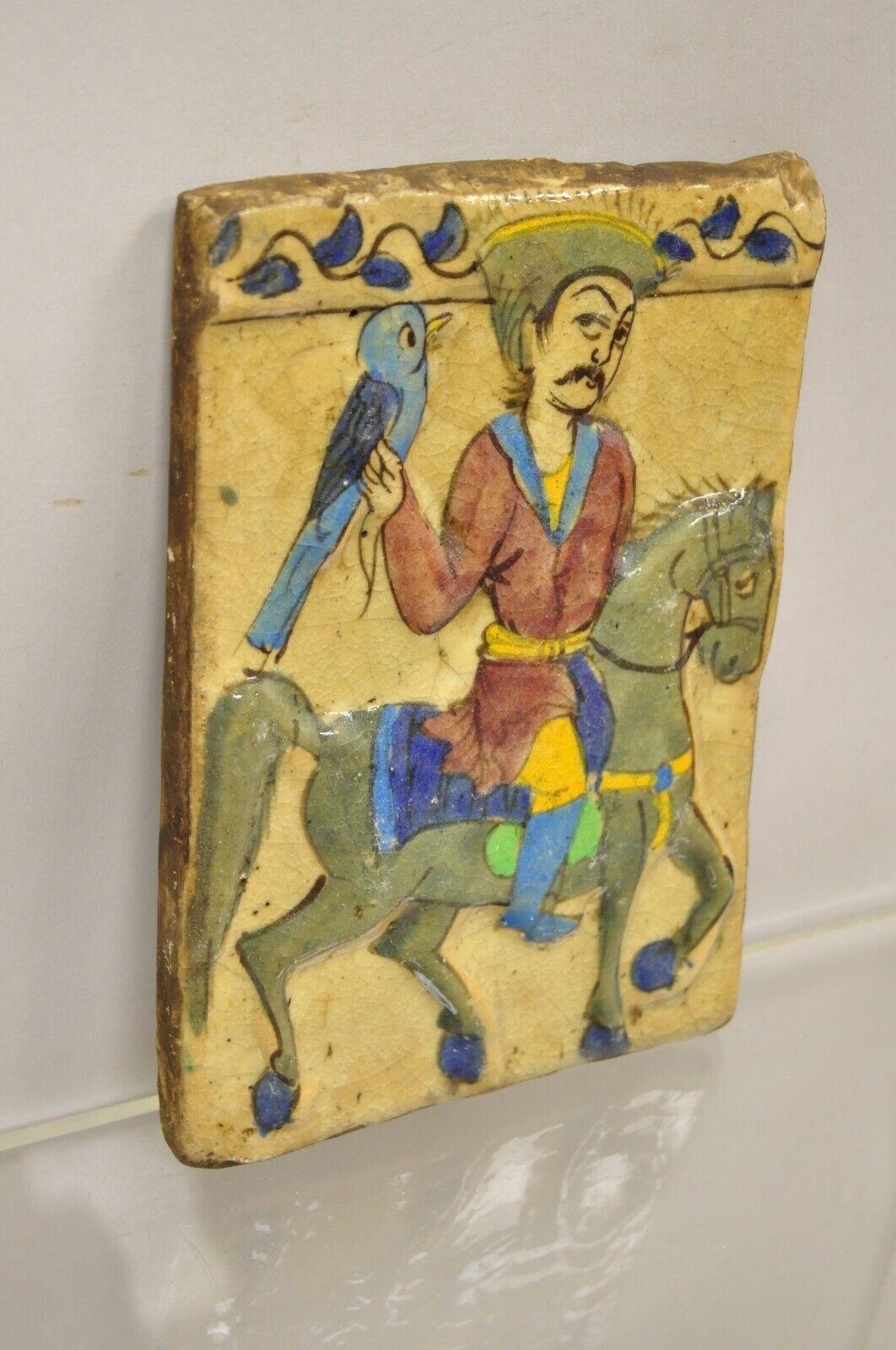 Antique Persian Iznik Qajar Style Ceramic Pottery Tile Horse Rider Blue Bird C5 For Sale 1