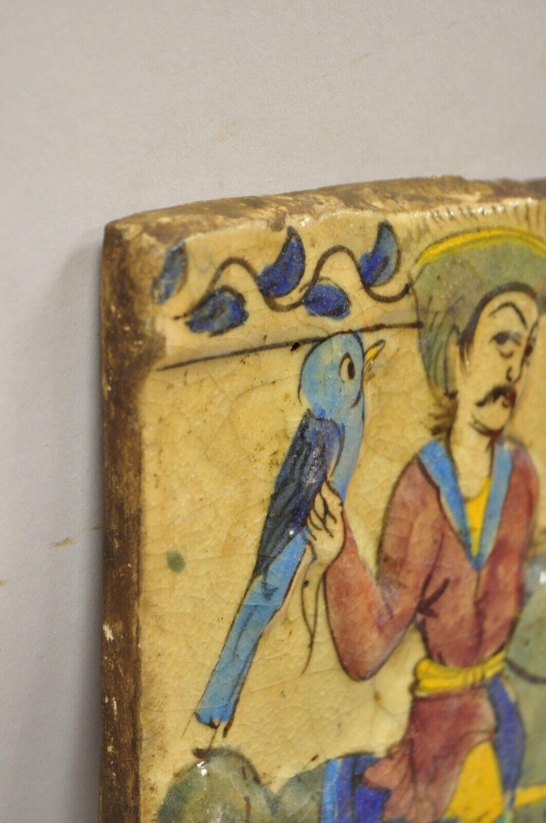 Antique Persian Iznik Qajar Style Ceramic Pottery Tile Horse Rider Blue Bird C5 For Sale 2