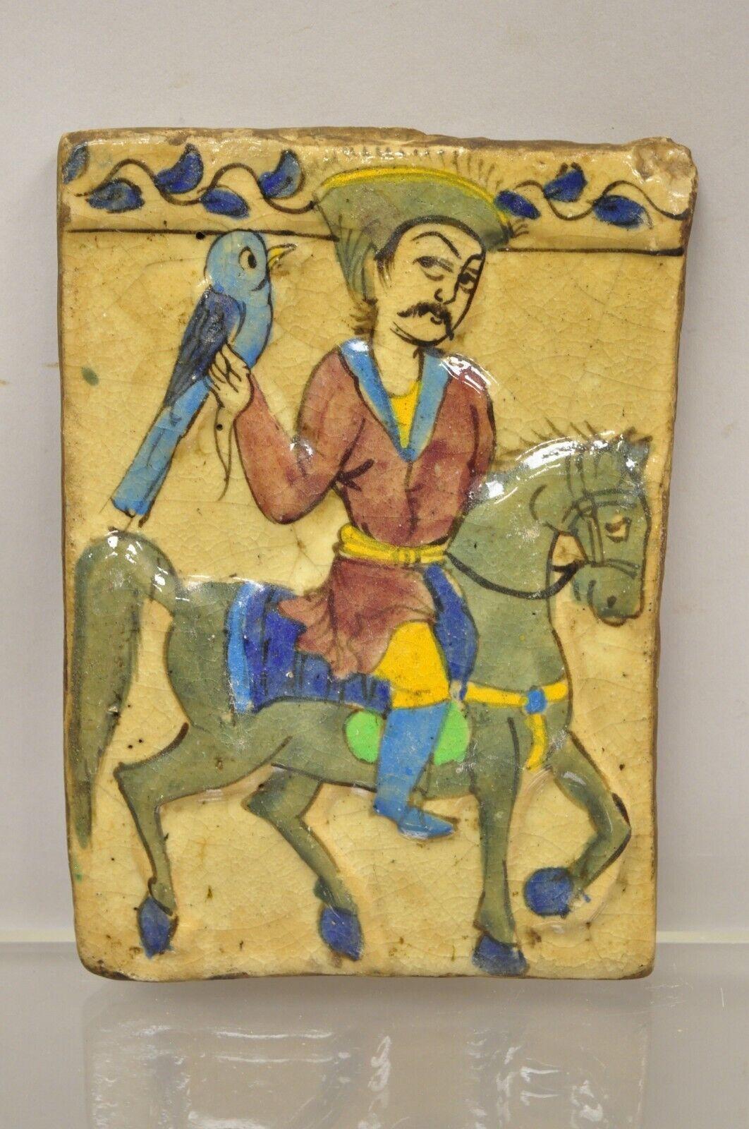 Antique Persian Iznik Qajar Style Ceramic Pottery Tile Horse Rider Blue Bird C5 For Sale 4
