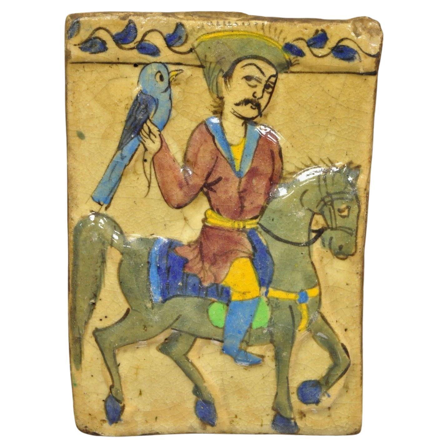 Antique Persian Iznik Qajar Style Ceramic Pottery Tile Horse Rider Blue Bird C5 For Sale