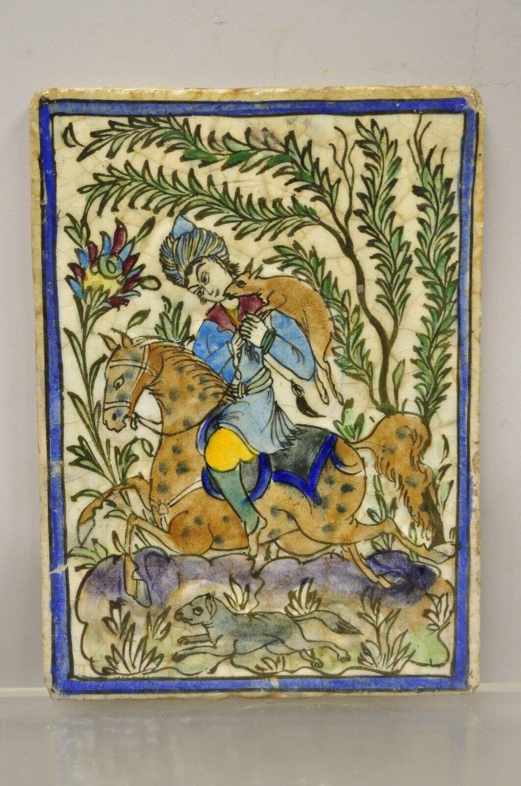 Antique Persian Iznik Qajar Style Ceramic Pottery Tile Horse Rider Hunt Scene C1 For Sale 6