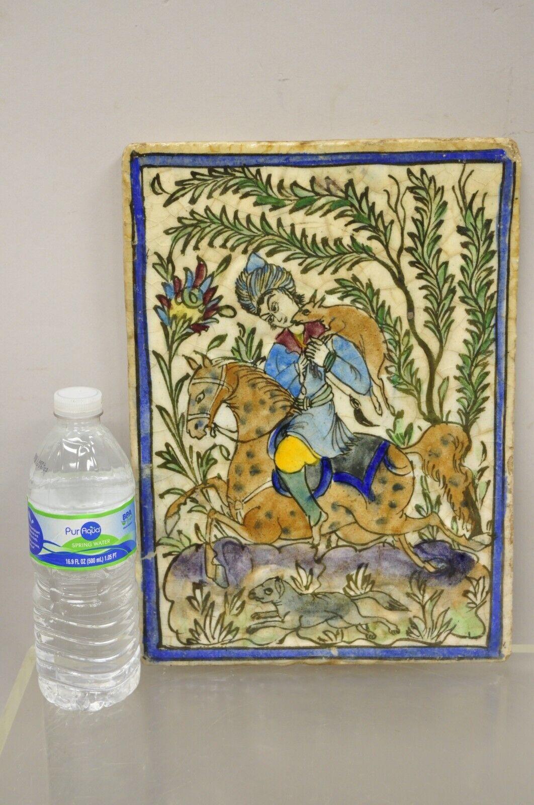 Antique Persian Iznik Qajar Style Ceramic Pottery Tile Horse and Rider Hunt Scene C1. Original crackle glazed finish, heavy ceramic pottery construction, very impressive detail, wonderful style and form. Great to mount as wall art or accent tiles