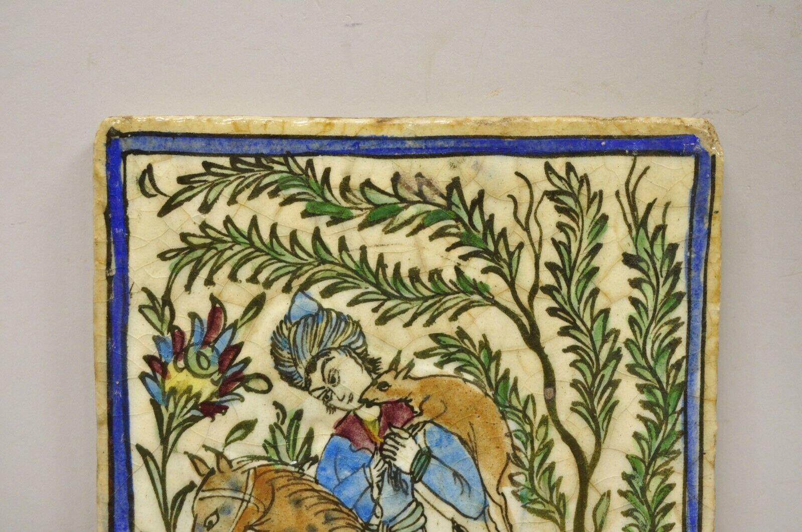 20th Century Antique Persian Iznik Qajar Style Ceramic Pottery Tile Horse Rider Hunt Scene C1