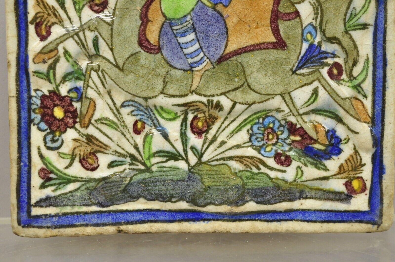 Céramique Ancienne poterie persane Iznik de style Qajar en céramique, carreaux, scène de chasse d'un cheval et de son cavalier C1 en vente