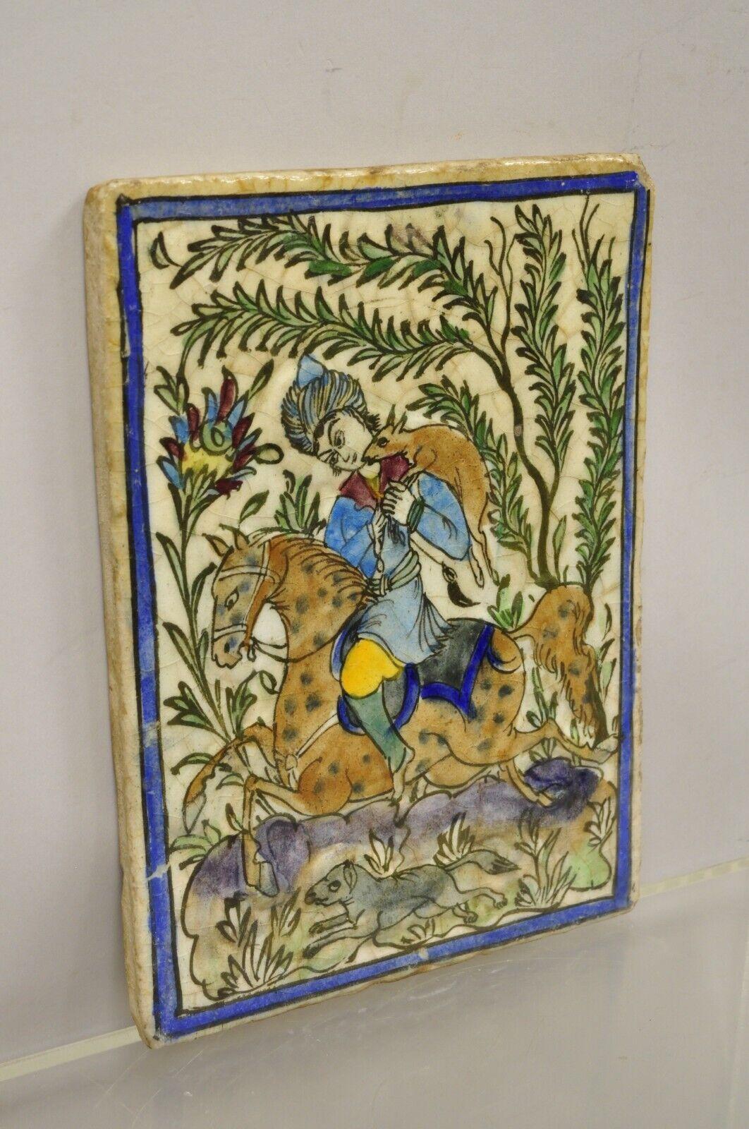 Antike persische Iznik Qajar-Keramik-Keramikfliesen-Pferdreiter- Jagdszene C1, Iznik Qajar-Stil im Angebot 4