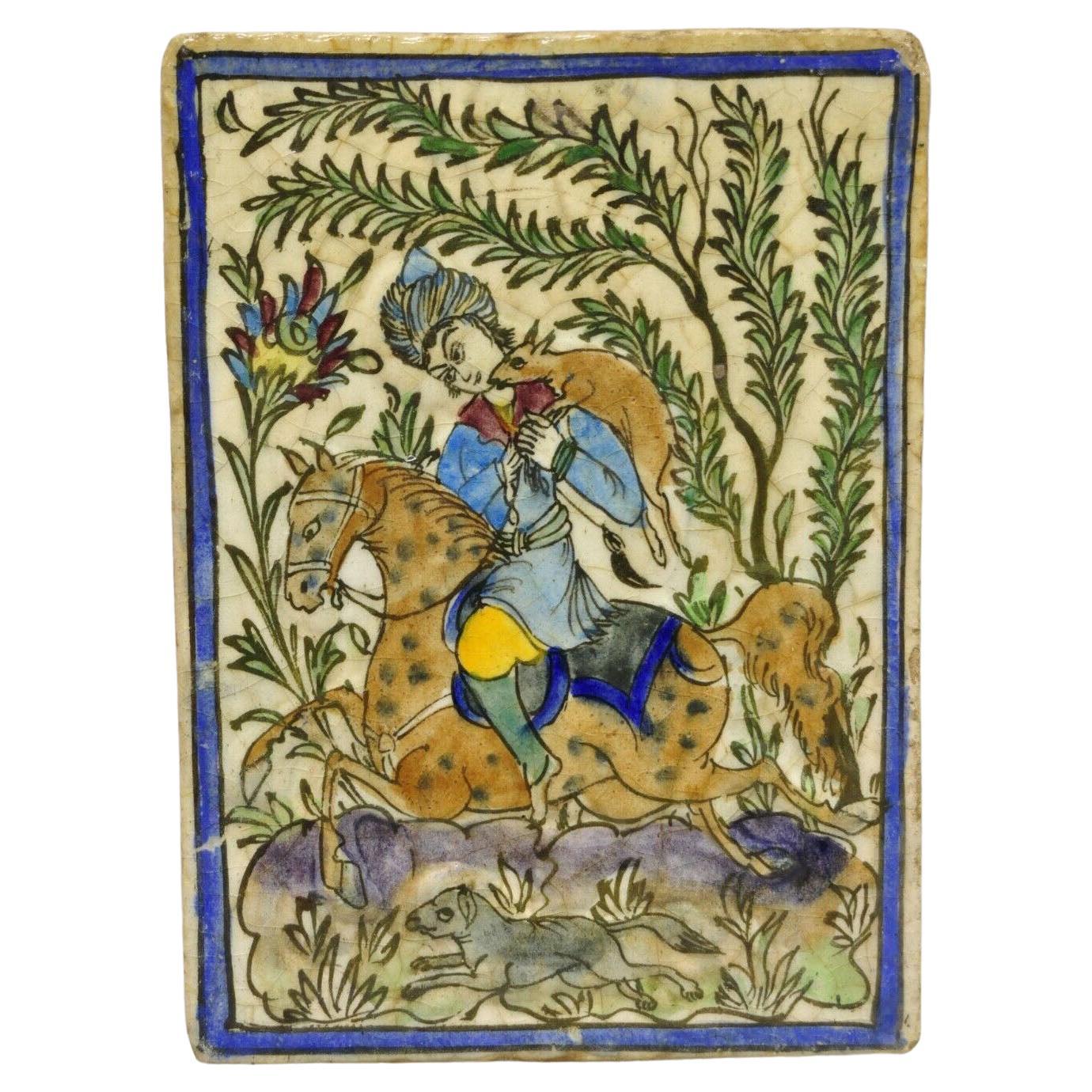 Antique Persian Iznik Qajar Style Ceramic Pottery Tile Horse Rider Hunt Scene C1 For Sale