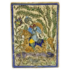 Vintage Persian Iznik Qajar Style Ceramic Pottery Tile Horse Rider Hunt Scene C1