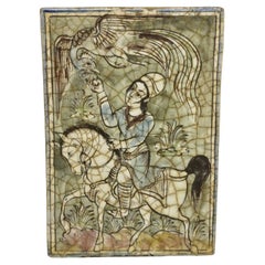 Antique Persian Iznik Qajar Style Ceramic Pottery Tile Light Blue Bird Rider C1