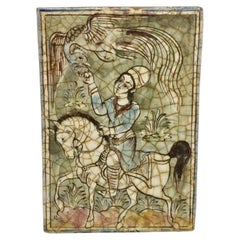 Ancien carreau de poterie persane Iznik de style Qajar en céramique bleu clair Oiseau Rider C1