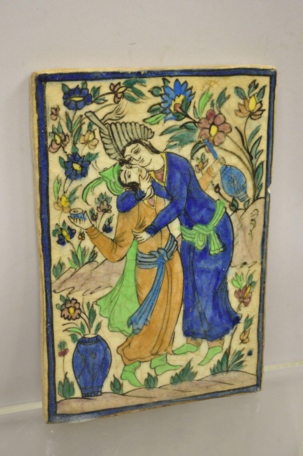 Antique Persian Iznik Qajar Style Ceramic Pottery Tile Man and Woman Courting C1 For Sale 6